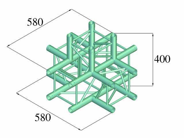 Dessin isométrique d'un cadre de grille vert complexe avec les dimensions : largeur 580, hauteur 400.