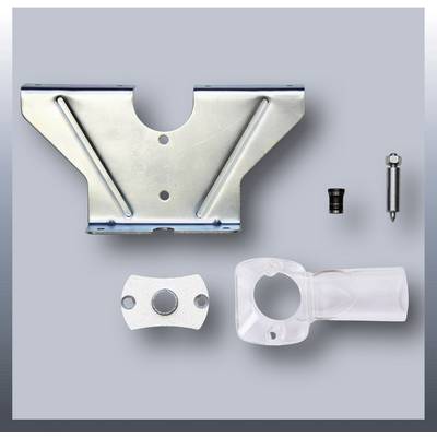 Différentes pièces métalliques et en plastique sur un fond gris, comprenant une pince, des éléments de visserie et un support.