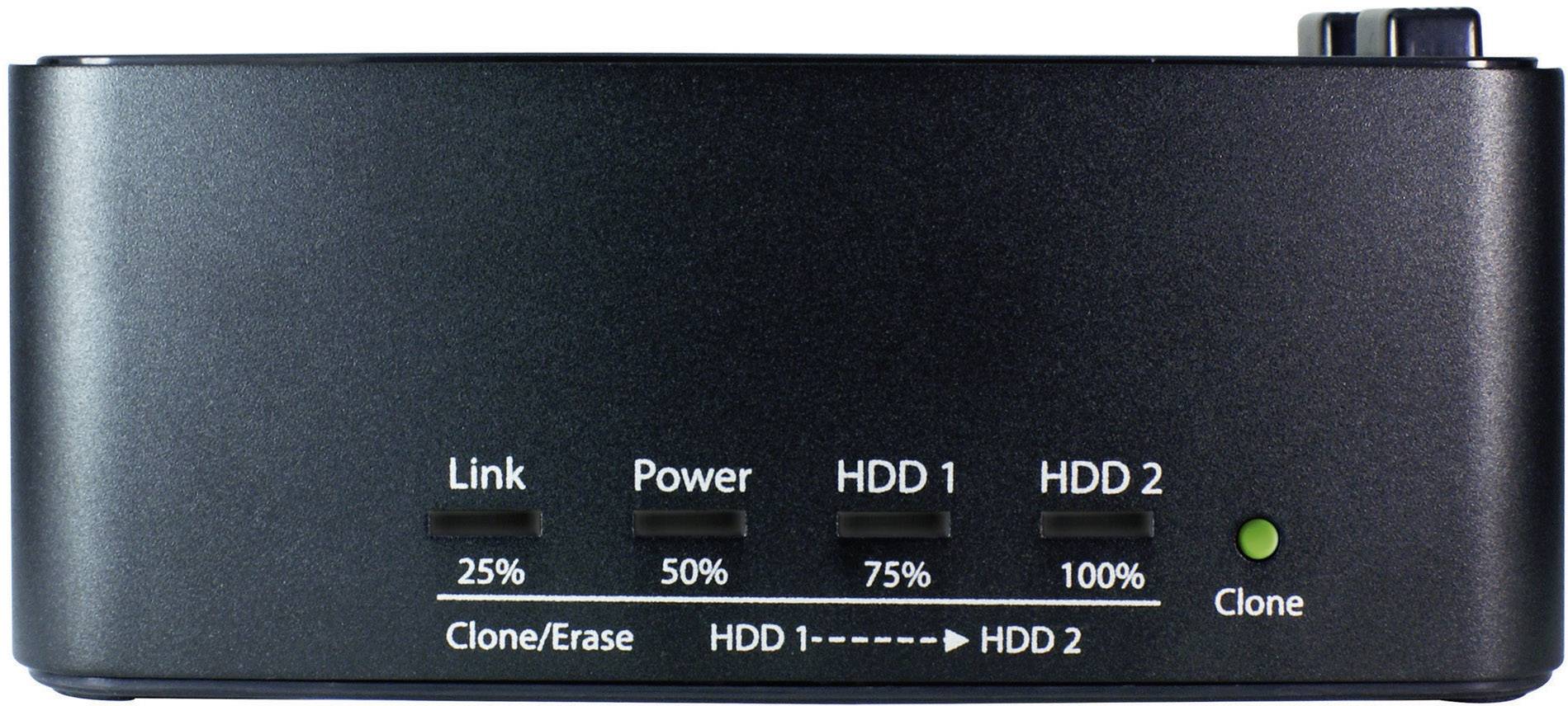 Station d'accueil pour disques durs externes avec voyants LED : 'Liaison', 'Alimentation', 'HDD 1' (25 %, 50 %, 75 %), 'HDD 2' (100 %), 'Clonage'.