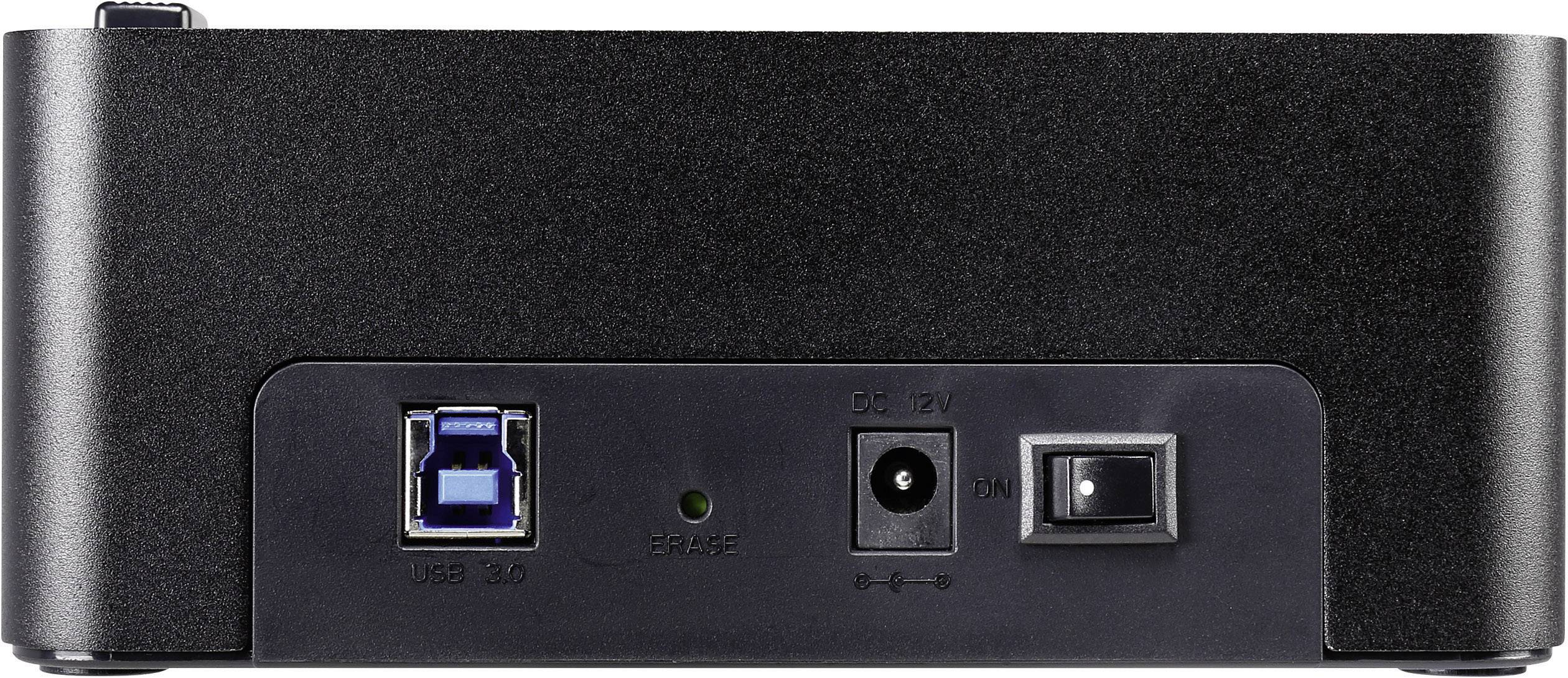 Arrière d'un appareil noir avec port USB, prise secteur, interrupteur et voyant LED indiquant l'état de fonctionnement.
