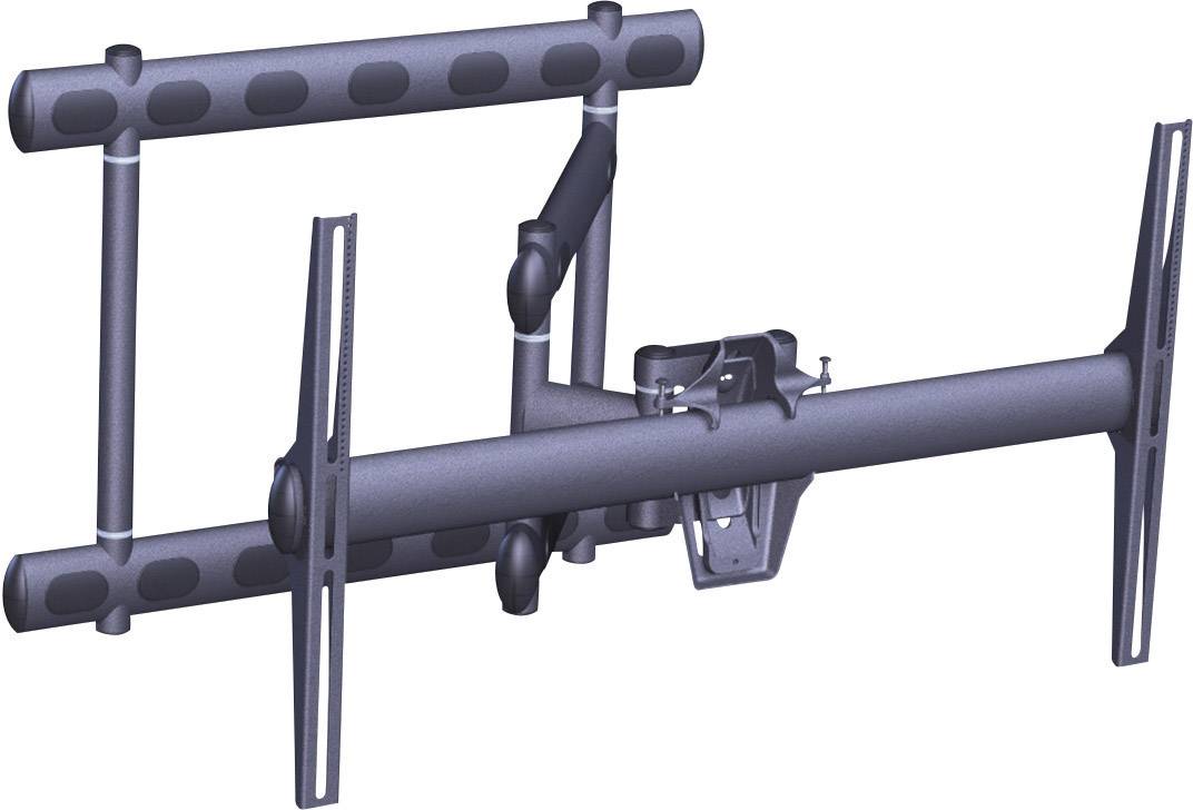 Un support mural de télévision noir avec un bras pivotant et des fixations pour être attaché à deux rails horizontaux.