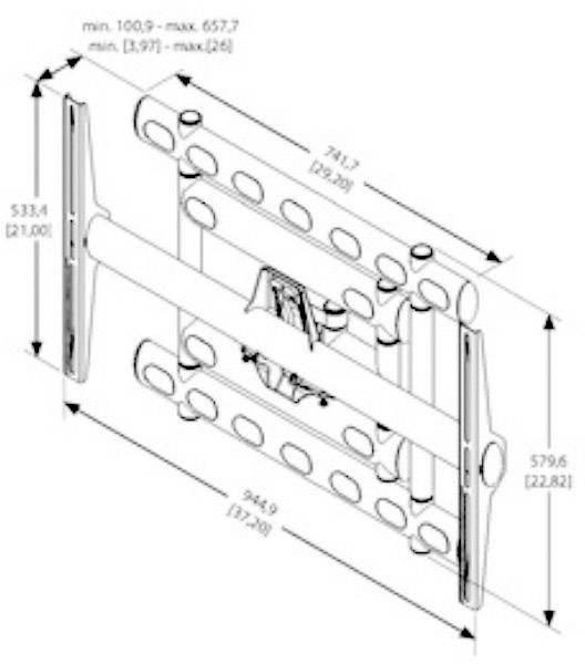 Dessin de montage d'un support mural pour téléviseur avec dimensions : Hauteur 533,4 mm, Largeur 944,9 mm, Profondeur 579,6 mm. Mode d'emploi.