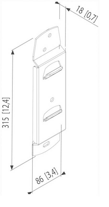 Dessin technique d'un support métallique aux dimensions 315 x 86 x 18 mm. Comprend deux ouvertures et un trou de fixation en haut.