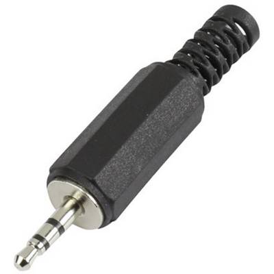 Un connecteur jack noir de 3,5 mm pour appareils audio, poignée isolée avec embout métallique, adapté aux écouteurs ou haut-parleurs.