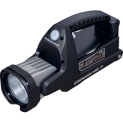 Une lampe de poche noire portable avec une poignée ergonomique et des accents argentés, modèle 'Eisemann HSE 7', sur un fond clair.