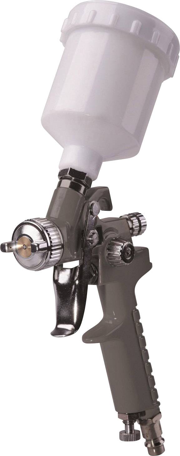 Un pistolet de pulvérisation gris avec un réservoir blanc, utilisé pour appliquer uniformément de la peinture ou des vernis sur des surfaces.