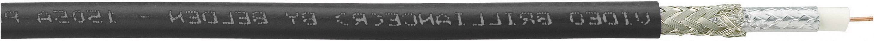 Câble coaxial noir isolé avec extrémité ouverte, montrant le blindage et le conducteur central. Texte sur le câble : « RG6/U - 75 Ohms ».