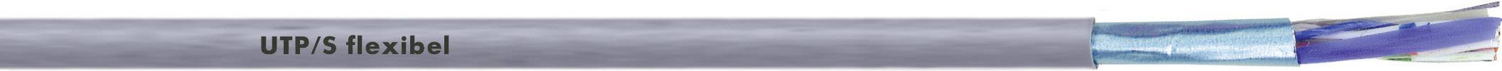 Gros plan d'un câble Ethernet gris portant l'inscription 'Câble UTP5'. Une section montre les fils dénudés à l'intérieur.
