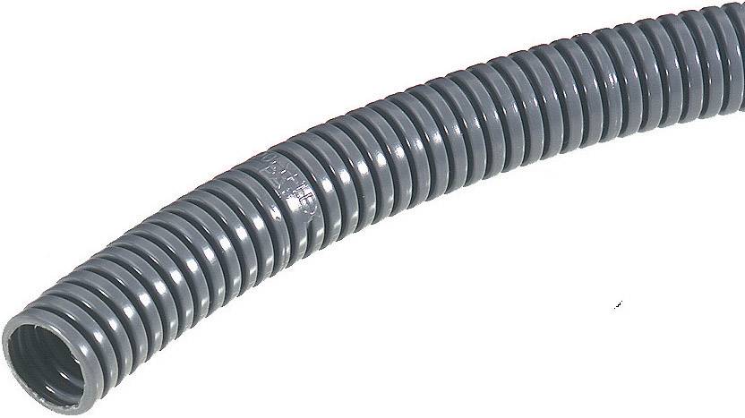 Gaine ondulée grise flexible pour la protection des câbles. Elle est en plastique et présente des reliefs régulièrement disposés.