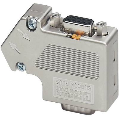 Un connecteur industriel, représenté de côté, avec un boîtier métallique et des fixations à vis. Doté d'une étiquette SUBCONPLUS.