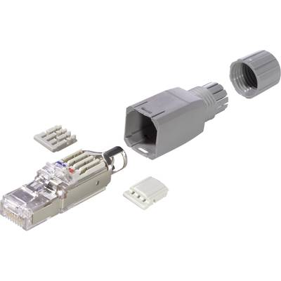 Un système de connecteur RJ45 modulaire, composé d'un connecteur démonté, d'un boîtier et de capots, présenté en pièces détachées.