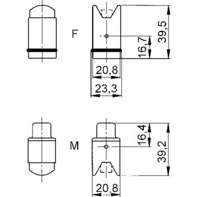 Dessin technique montrant des représentations schématiques de deux composants avec différentes dimensions. En haut : F, En bas : M. Dimensions : 23,3, 20,8, 16,7, 39,5, 16,4, 39,2.