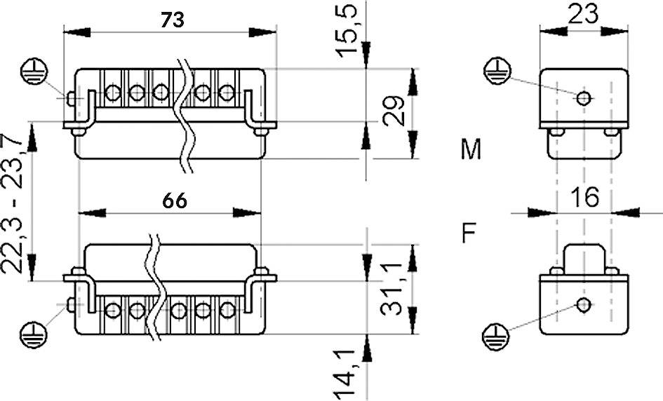 Dessin technique d'un connecteur électrique avec des cotes en millimètres et des vis de fixation sur les côtés.