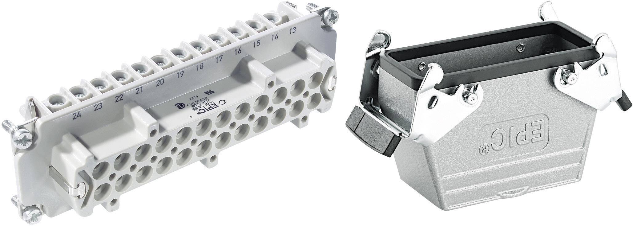 Un connecteur rectangulaire avec embase amovible et boîtier. Le boîtier possède des leviers latéraux pour verrouiller la fiche.