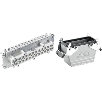 Un connecteur rectangulaire avec embase amovible et boîtier. Le boîtier possède des leviers latéraux pour verrouiller la fiche.