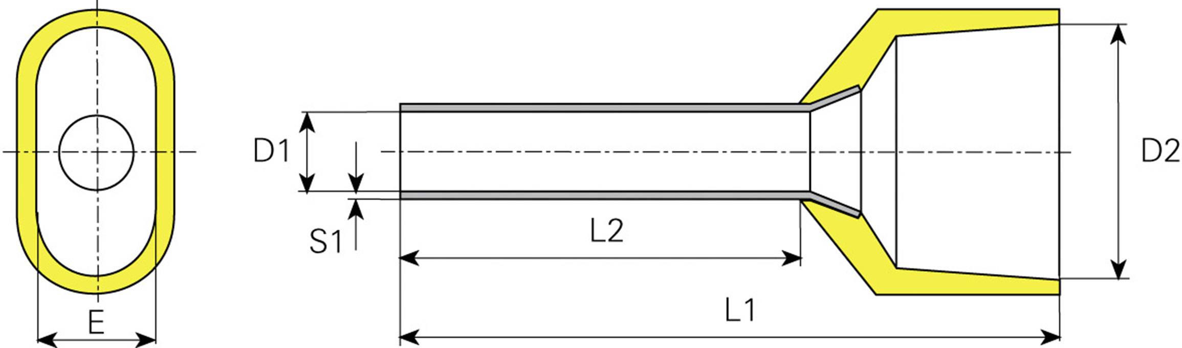 Dessin technique d'un embout de tuyau avec dimensions. Présente une coupe transversale et une vue latérale avec des marquages pour D1, D2, L1, L2, S1 et E.