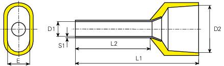 Dessin technique d'un boulon avec dimensions. À gauche : vue de dessus ovale. À droite : vue latérale avec un marquage bleu à une extrémité.