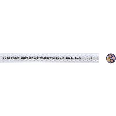 Câble portant l'inscription 'Lapp Kabel Stuttgart Ölflex Servo 9YSLCY-JB UL/CSA RoHS'. La section transversale montre quatre conducteurs de couleurs différentes.