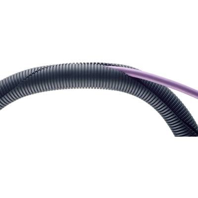 Un tuyau noir strié avec un câble lilas qui court sur le dessus.