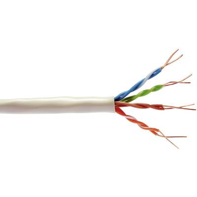 Un câble réseau ouvert avec quatre paires de fils torsadés. Les fils sont identifiés par des couleurs : orange, vert, bleu et marron.