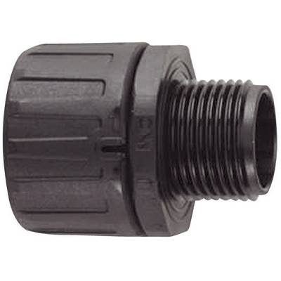 Adaptateur en plastique noir, filetage extérieur sur le côté droit, bord cranté à gauche, adapté pour les raccordements de tuyaux.