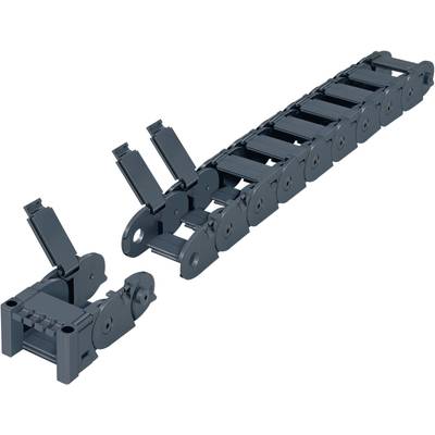 Chaîne porte-câbles en plastique noir, partiellement ouverte avec des maillons obturables. Adaptée au guidage des câbles dans les applications industrielles.
