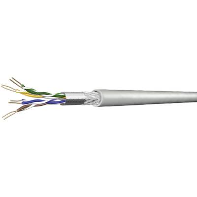 Un câble fin gris avec plusieurs paires de conducteurs torsadées de différentes couleurs, adapté aux connexions réseau.