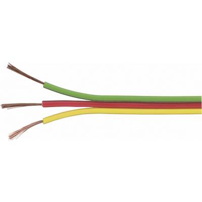 Trois fils électriques isolés de couleurs verte, rouge et jaune, munis chacun d'extrémités en cuivre, sont disposés côte à côte sur un fond blanc.