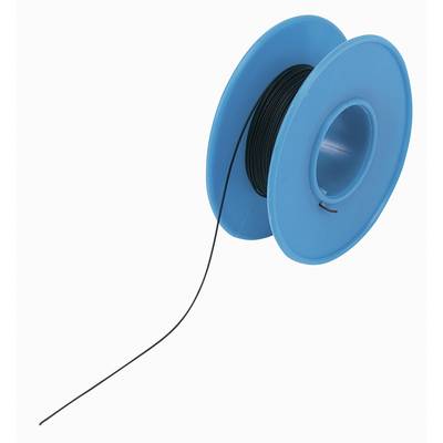 Une bobine bleue enroulée d'un fil noir. Le fil pend lâchement de la bobine.
