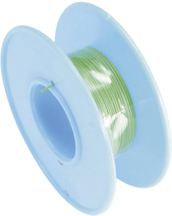 Une bobine en plastique bleu clair enroulée de fil vert, sur un fond neutre.