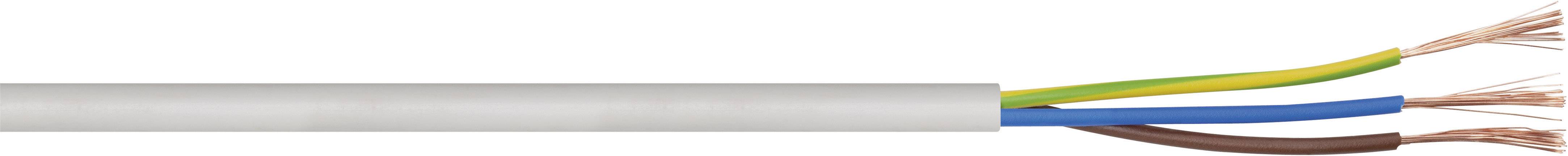 Câble électrique à gaine grise, montrant quatre conducteurs apparents : marron, jaune-vert (terre), bleu et un conducteur de cuivre non utilisé.