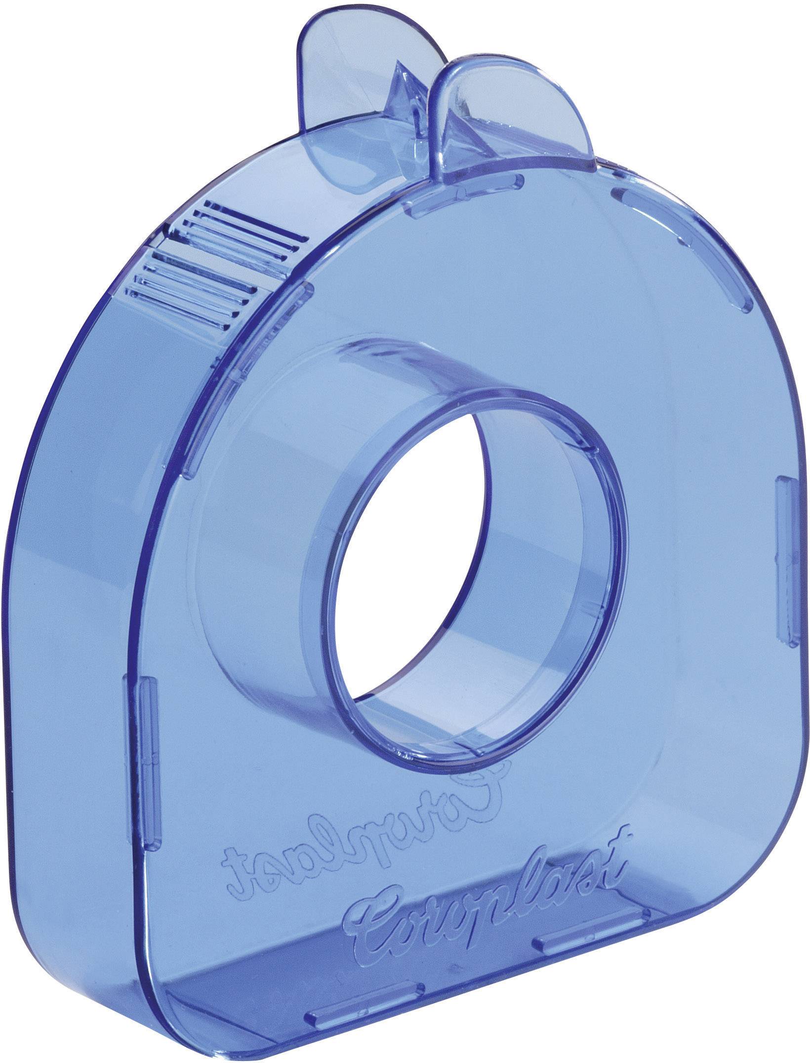 Un support de ruban adhésif bleu et transparent, de forme ovale, avec une ouverture centrale destinée à recevoir un rouleau de ruban adhésif.