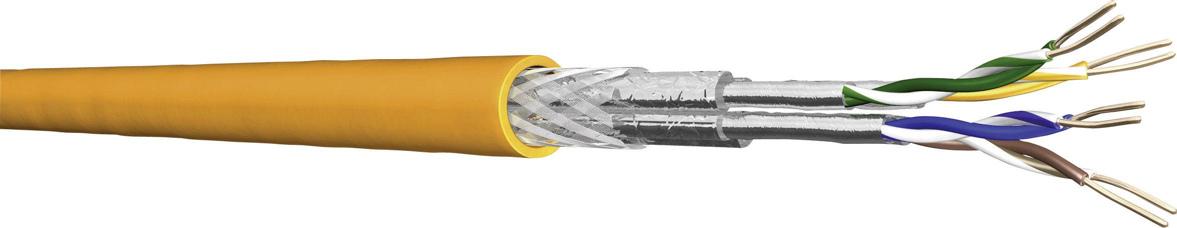 Un câble Ethernet jaune, avec l'extrémité ouverte montrant sa structure interne : quatre paires de fils torsadées de différentes couleurs.