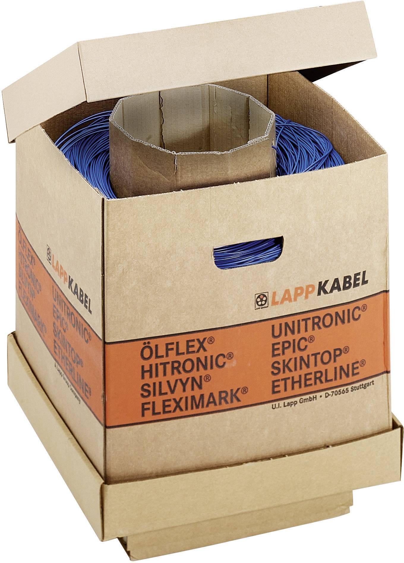 Boîte en carton avec un fil bleu enroulé de LAPP KABEL, lignes de produits ÖLFLEX, UNITRONIC, HITRONIC et autres imprimées.