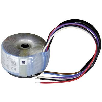 Un transformateur rond avec plusieurs câbles colorés, emballé dans du plastique transparent. Principalement utilisé dans les appareils électroniques.