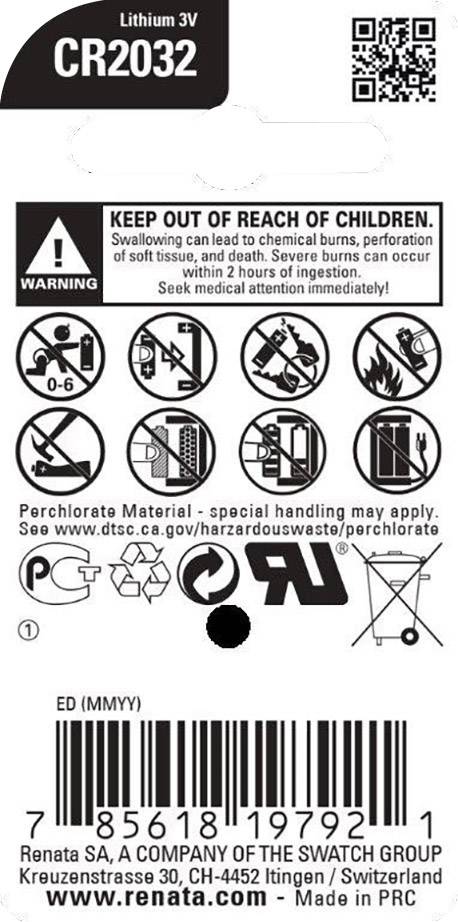 Pile lithium CR2032. Avertissements : « Tenir hors de portée des enfants », risque d'empoisonnement et d'étouffement. Fabricant : Renata SA, Suisse.