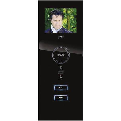 Interphone vidéo avec l'image d'un homme à l'écran. Trois boutons en bas, l'un avec un symbole de lèvres, l'autre avec un symbole de clé.
