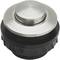 Un bouton métallique rond avec un bord en plastique noir, probablement un interrupteur ou un bouton-poussoir, sur un fond blanc.