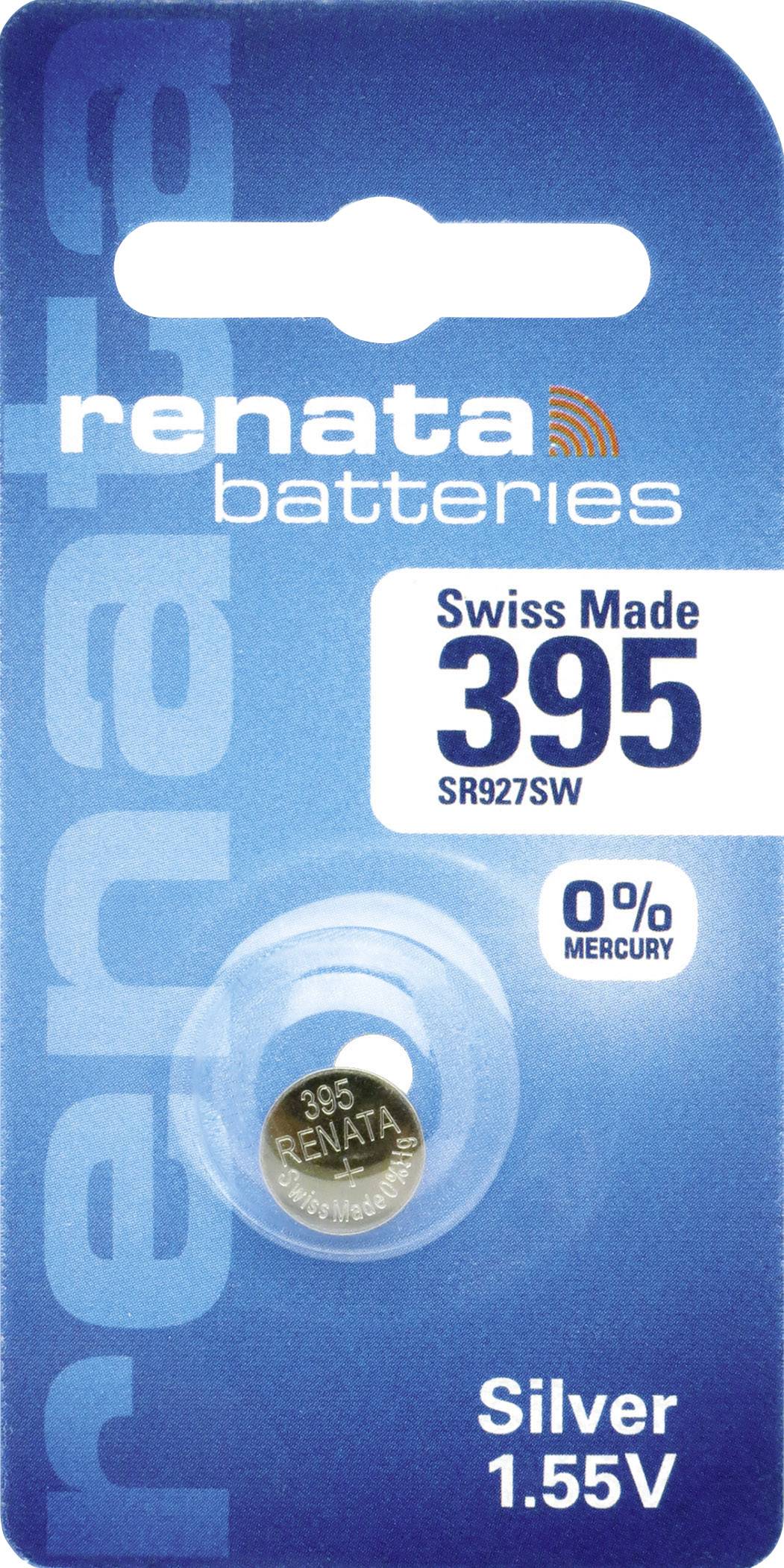 Emballage d'une pile Renata, type SR927SW, 0% mercure, fabriquée en Suisse, offrant 1,55 V.