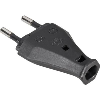Une fiche Europlug noire à deux broches rondes, couramment utilisée pour les appareils électriques en Europe.