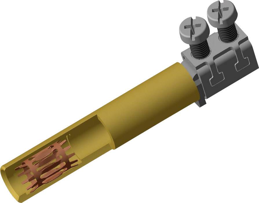 Un rendu 3D d'un connecteur électrique en métal et en plastique avec des bornes à vis, représenté en jaune et gris.