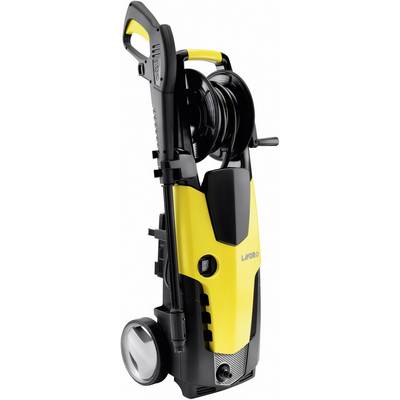 Nettoyeur haute pression jaune et noir avec roues et poignée. Appareil prêt pour les tâches de nettoyage avec tuyau et support d'accessoires.