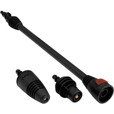 Trois embouts de nettoyeur haute pression noirs côte à côte : une lance de rallonge, une buse conique et un adaptateur à baïonnette.