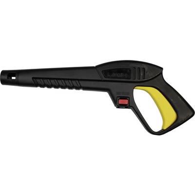 Une poignée de nettoyeur haute pression noir avec une partie de poignée jaune et un bouton rouge.