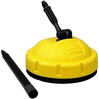 Nettoyant de surface jaune avec couronne de brosse noire et manche amovible, adapté pour le nettoyage efficace des terrasses.