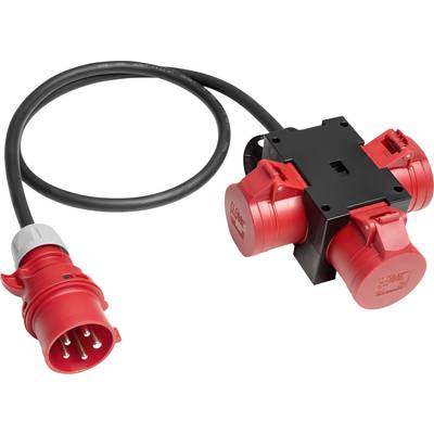 Distributeur CEE rouge à trois prises et un adaptateur de fiche, utilisé pour la distribution de courant fort sur un câble.