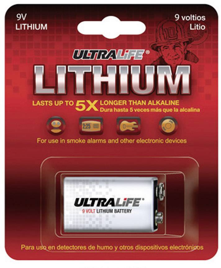 Emballage d'une pile lithium Ultralife 9V. Point mis en évidence : 'Jusqu'à 5 fois plus longue qu'une pile alcaline'. Pour détecteurs de fumée et autres appareils.