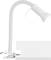 Lampe de lecture blanche avec col flexible, fixée à une table. Adaptée à la lecture ou au travail, car elle offre un éclairage directionnel.