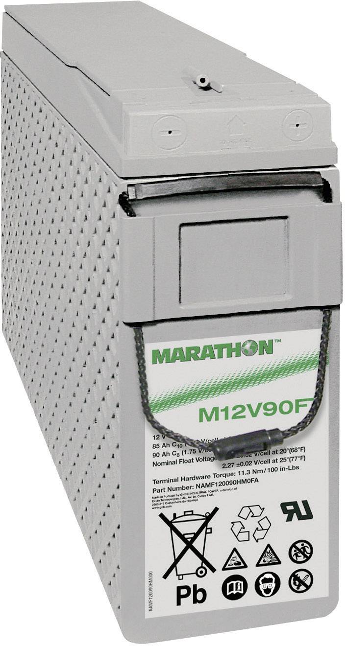 Batterie avec l'inscription 'Marathon M12V90F', boîtier gris, symboles de recyclage et avertissements visibles.