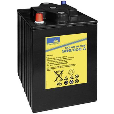 Batterie noire avec étiquette jaune 'SOLAR BLOCK SB6/200 A'. Contient des instructions de charge et des symboles pour appareils électriques et recyclage.
